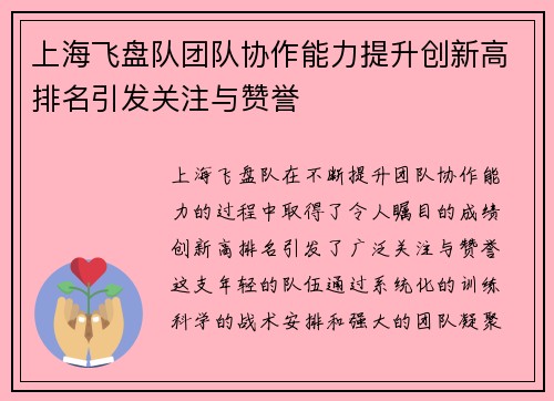 上海飞盘队团队协作能力提升创新高排名引发关注与赞誉